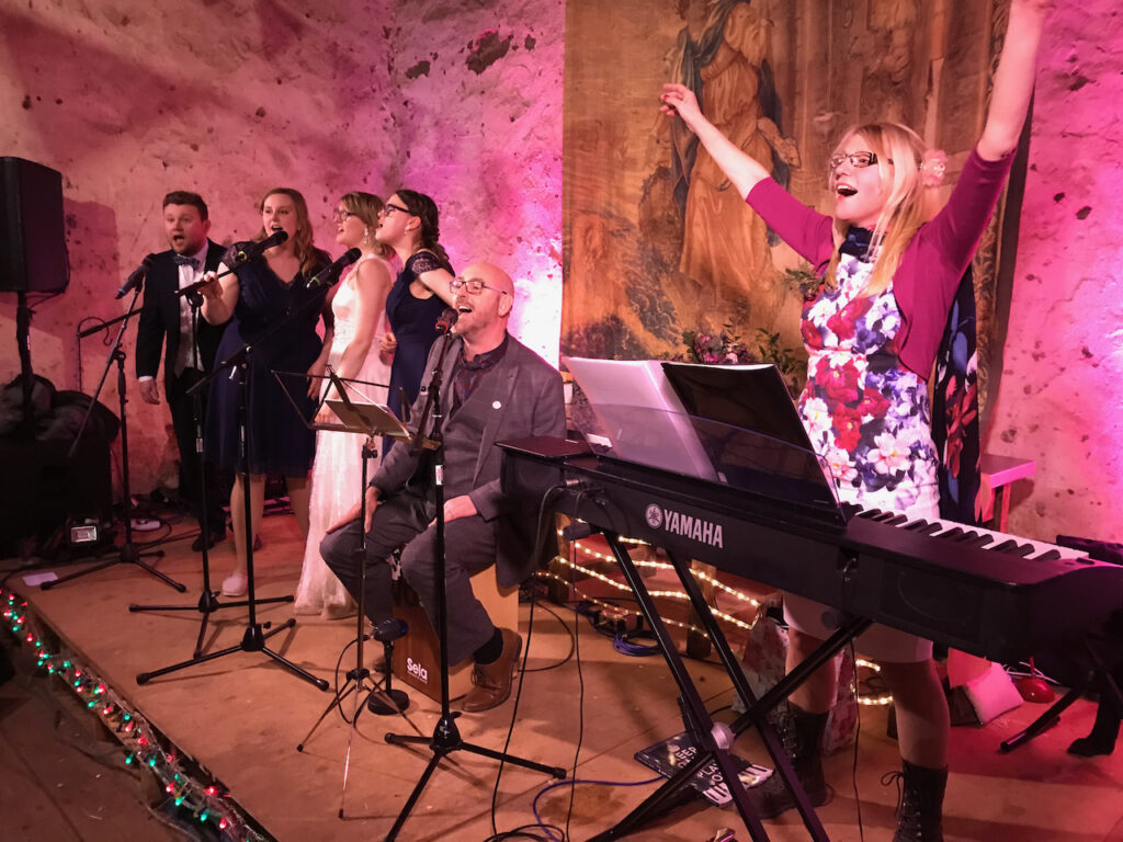 Bride, relatives and guests performing on stage at a wedding reception near Exeter