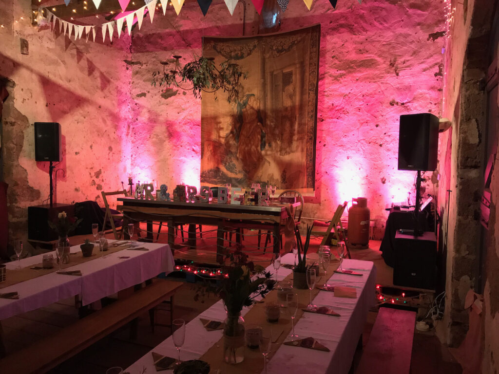 A PA system and lights installed in Bickham Barn in Kennford near Exeter, ready for a wedding reception