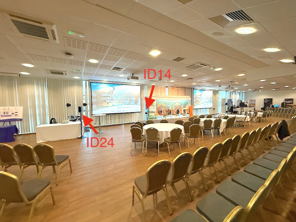 Nexo ID14 and Nexo ID24 speakers at a conference