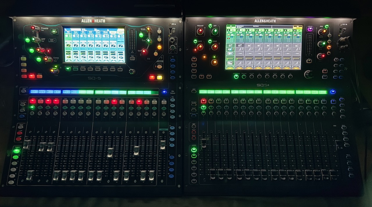 SQ-5 and SQ5+ sound mixers side by side at night